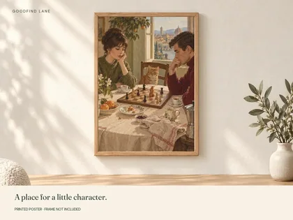 Breakfast Chess shown in a frame; frame not included