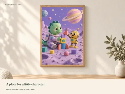 Dinosaur Builds on the Moon shown in a frame; frame not included