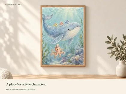 Whale and Little Friends shown in a frame; frame not included