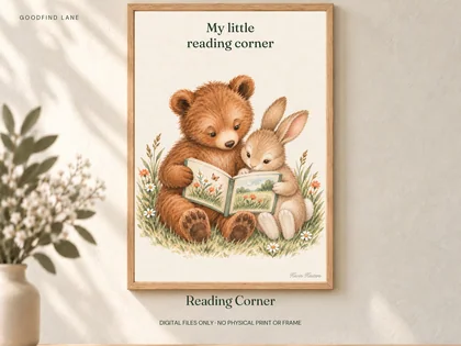 Reading Corner woodland artwork displayed for styling; digital download only, frame not included.