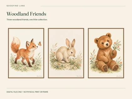 Woodland Friends woodland artwork displayed for styling; digital download only, frame not included.