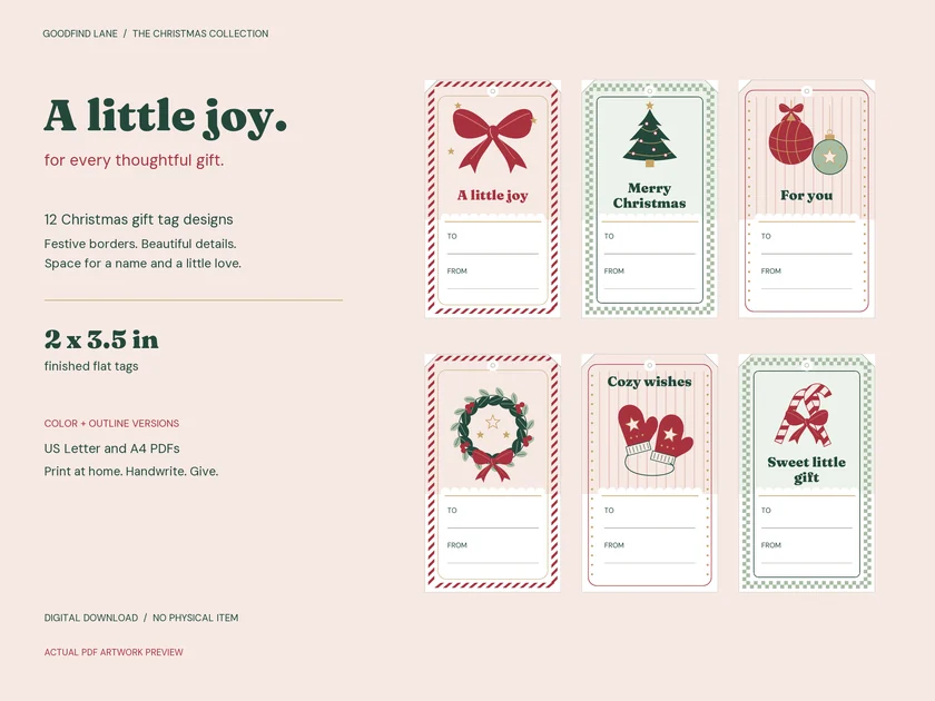 Christmas Gift Tags preview with six festive designs, To and From fields and a 2 by 3.5 inch finished size.