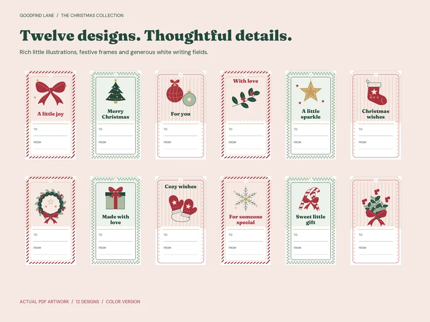 All twelve Christmas Gift Tags designs with bows, trees, ornaments, greenery and other seasonal motifs.