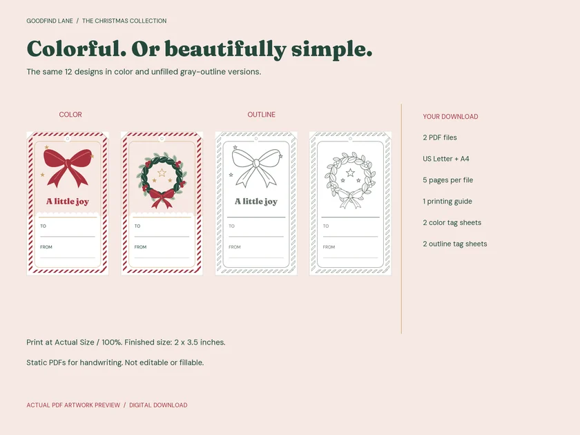 Christmas Gift Tags color and matching outline examples with the five-page pack contents.