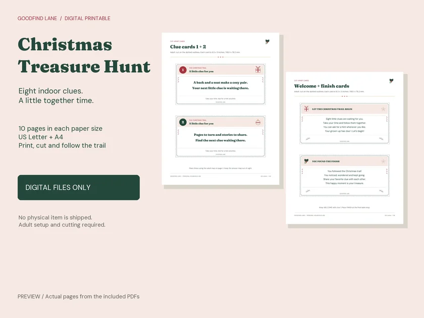 Christmas Treasure Hunt printable showing numbered indoor clues and welcome and finish cards.