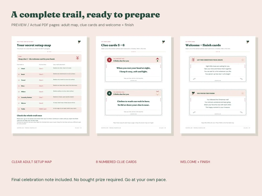 Christmas Treasure Hunt adult setup map, clue cards and welcome and finish pages.