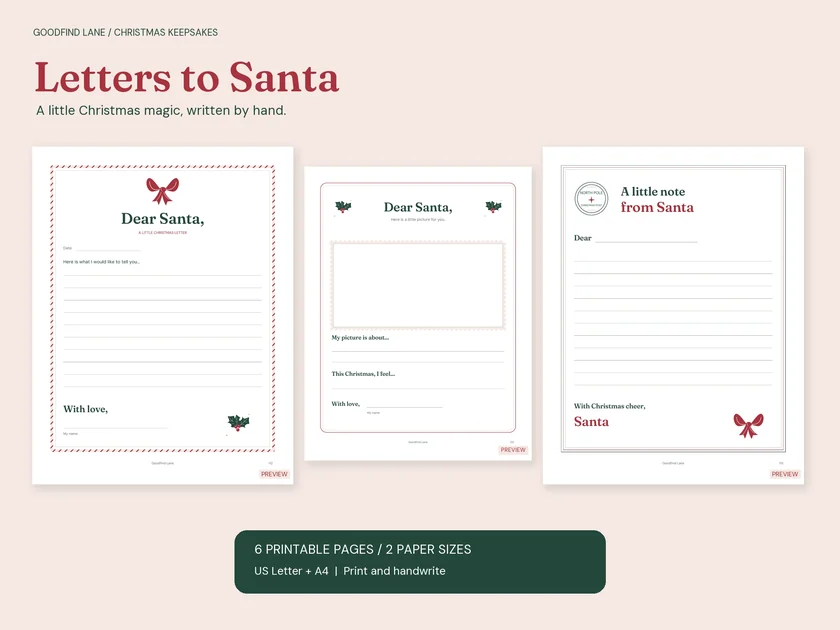 Letters to Santa stationery set with lined and drawing letters and blank Santa reply paper.