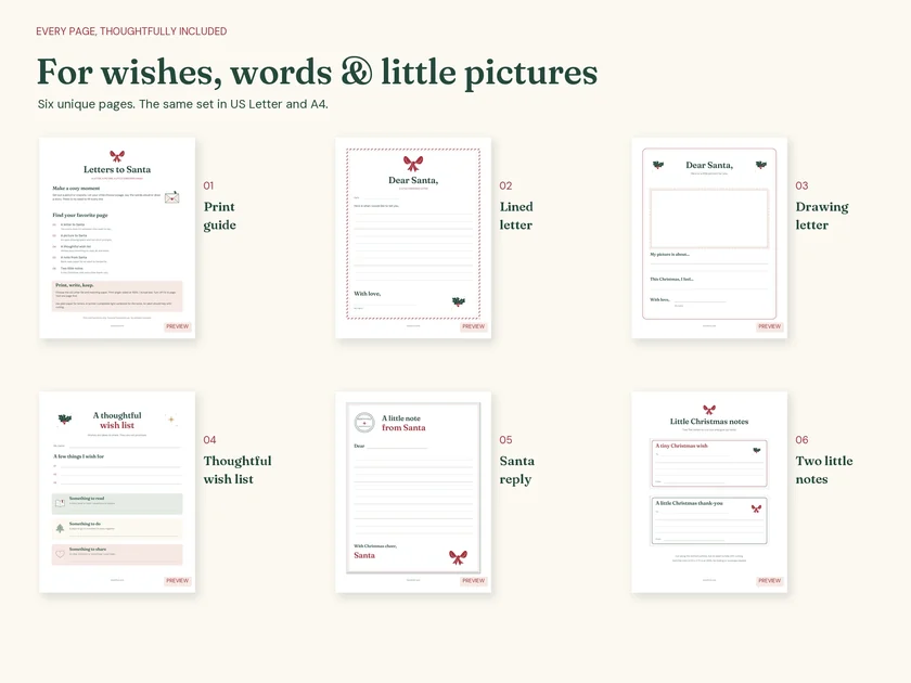 Six included Letters to Santa pages: guide, letters, wish list, reply and small notes.