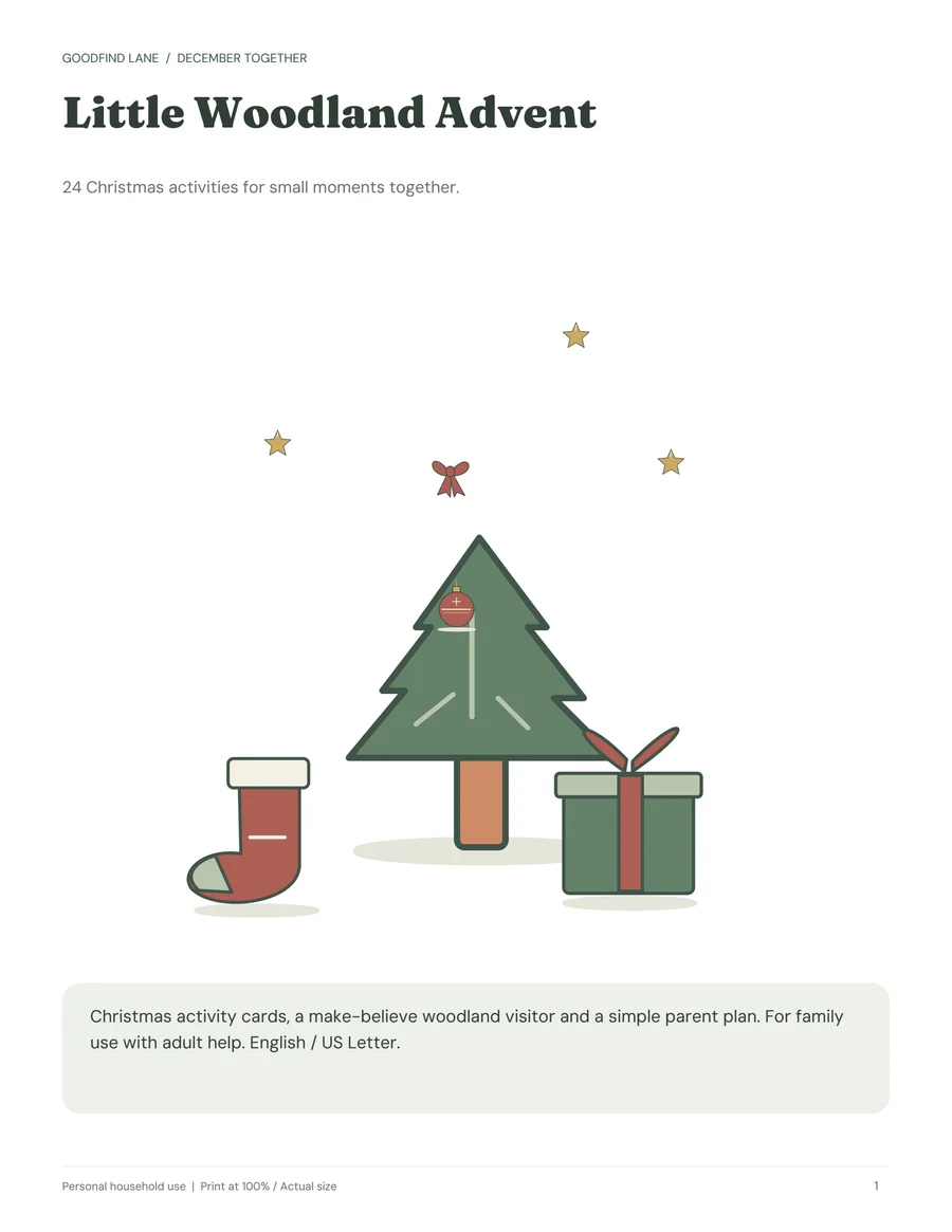 Little Woodland Advent PDF cover with a Christmas tree, stocking and gift; 24 Christmas activities