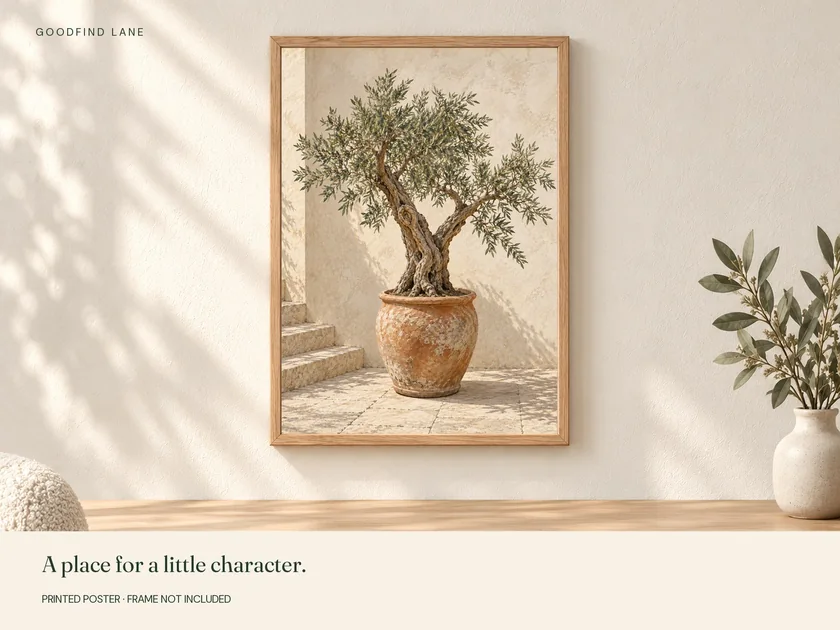 Olive Terrace print in a wooden frame on a wall; frame not included