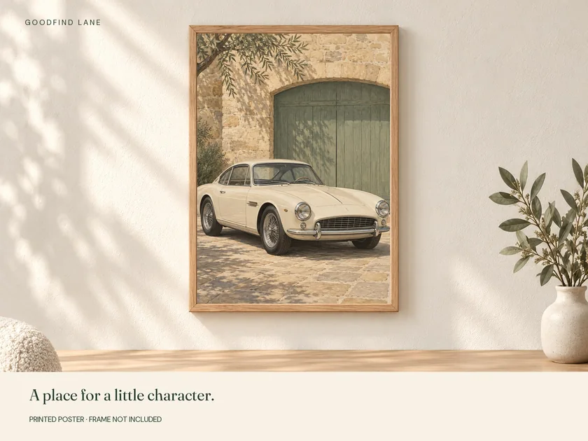 Sunday Drive print in a wooden frame on a wall; frame not included