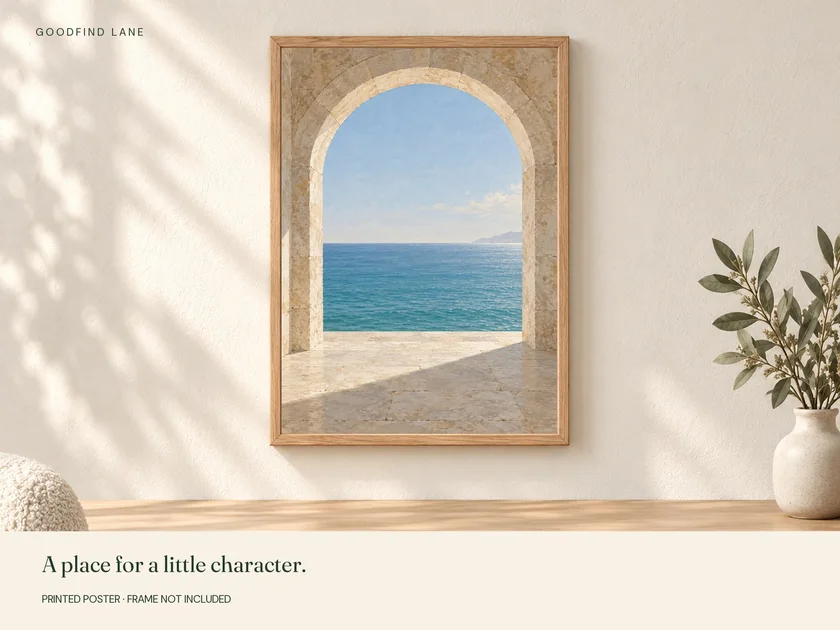 Through the Arch print in a wooden frame on a wall; frame not included