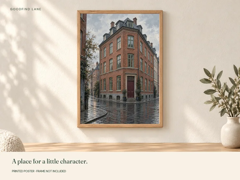 City Sunday print in a wooden frame on a wall; frame not included