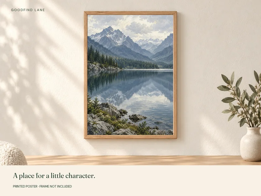 Alpine Stillness print in a wooden frame on a wall; frame not included