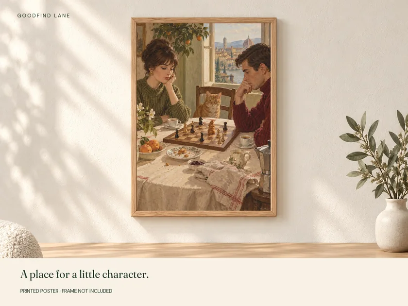 Breakfast Chess print in a wooden frame on a wall; frame not included