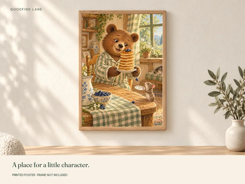 Pancake Bear print in a wooden frame on a wall; frame not included
