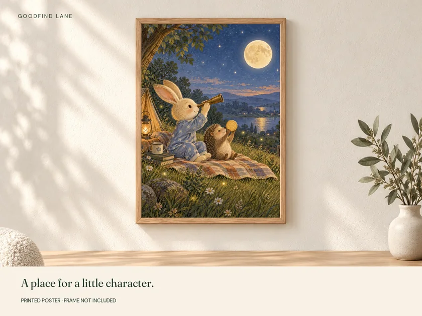 Stargazing Rabbit print in a wooden frame on a wall; frame not included