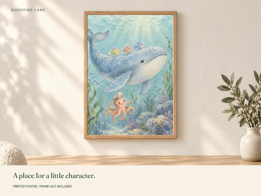 Whale and Little Friends print in a wooden frame on a wall; frame not included