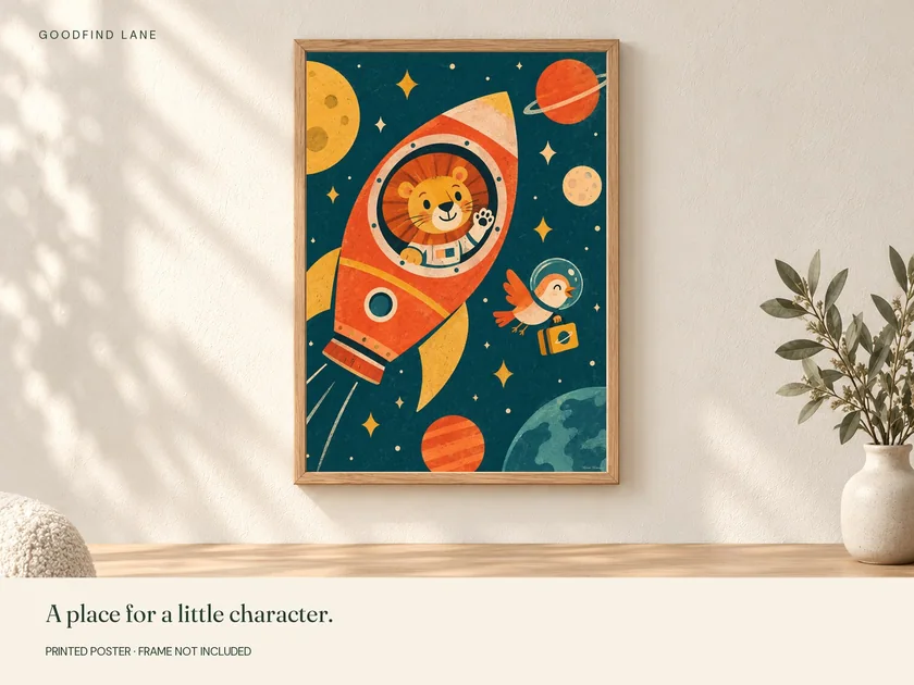 Lion in Space print in a wooden frame on a wall; frame not included