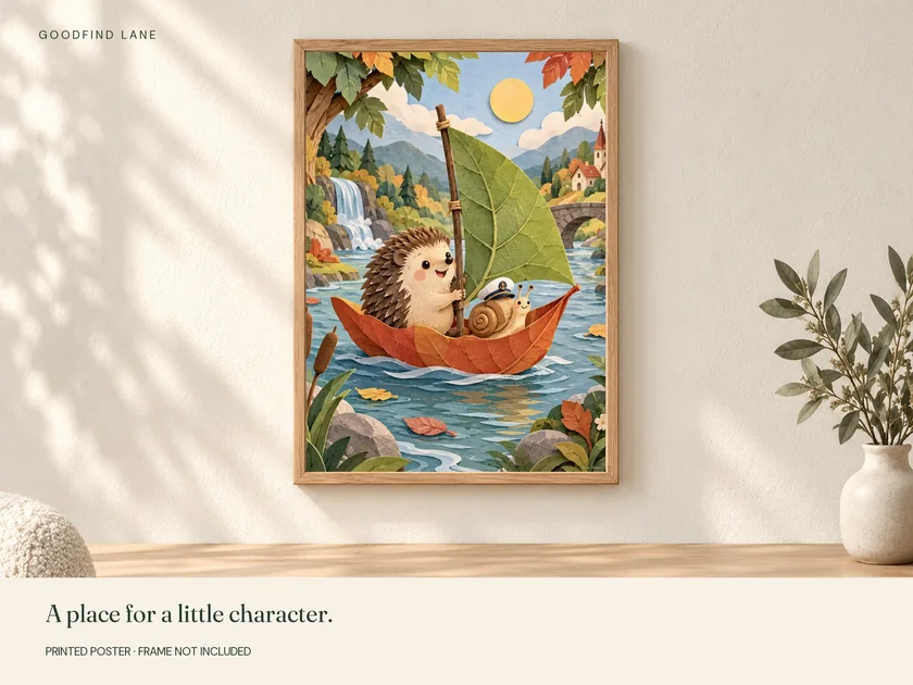 Hedgehog on an Adventure print in a wooden frame on a wall; frame not included