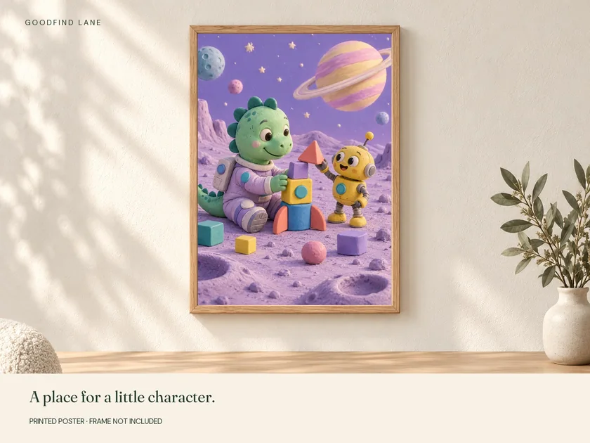 Dinosaur Builds on the Moon print in a wooden frame on a wall; frame not included