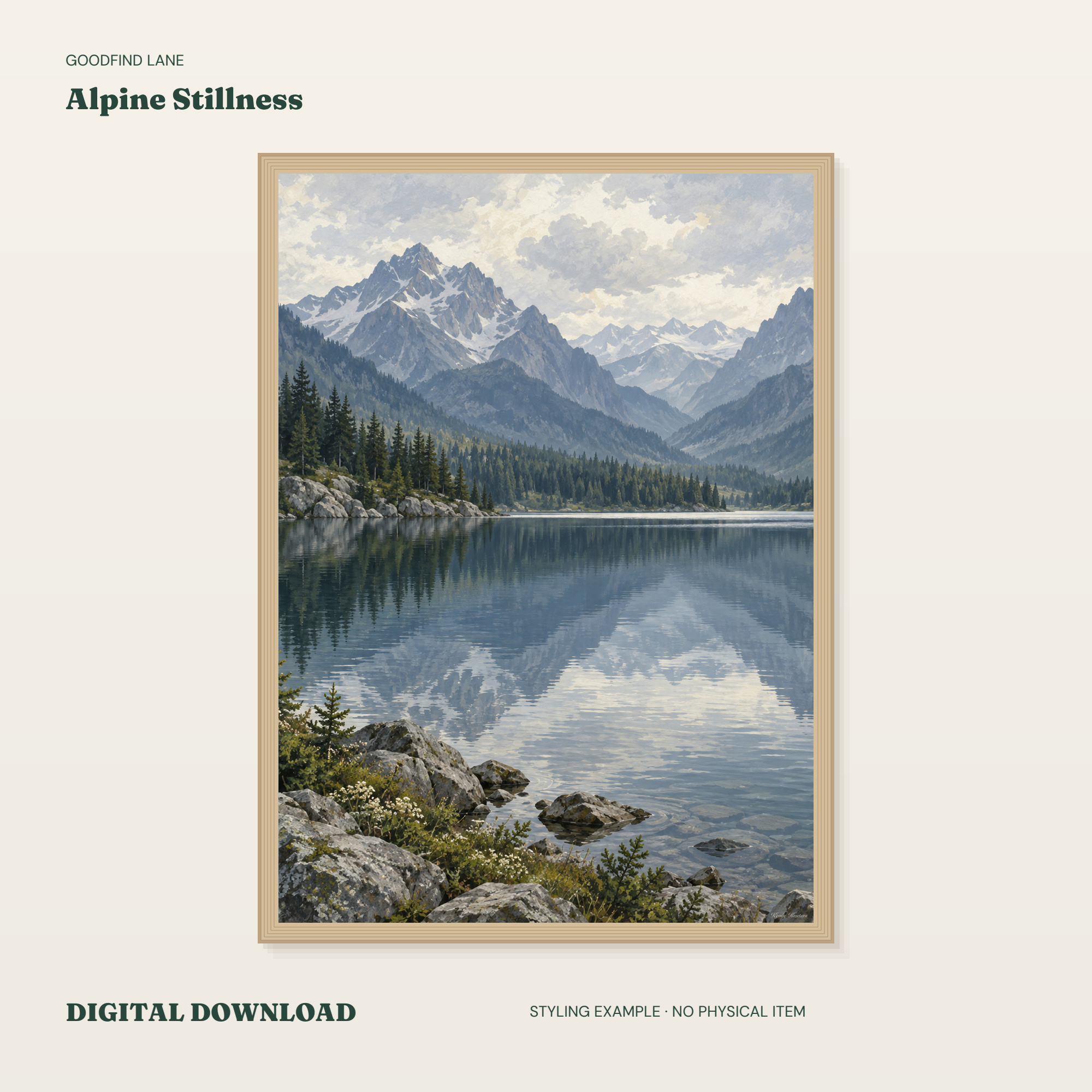 Alpine Stillness — borderless 50 × 70 cm digital styling example; frame not included