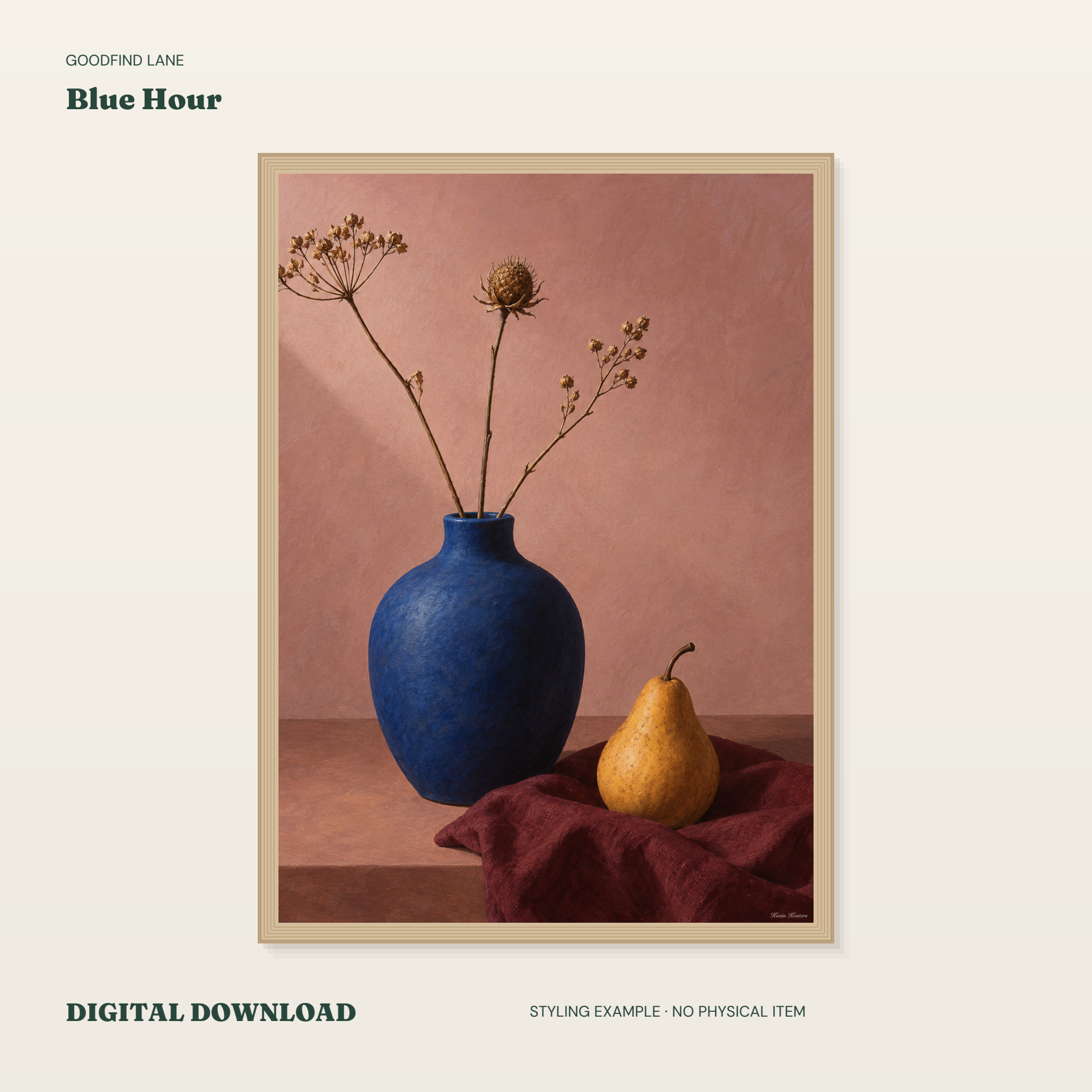 Blue Hour — borderless 50 × 70 cm digital styling example; frame not included