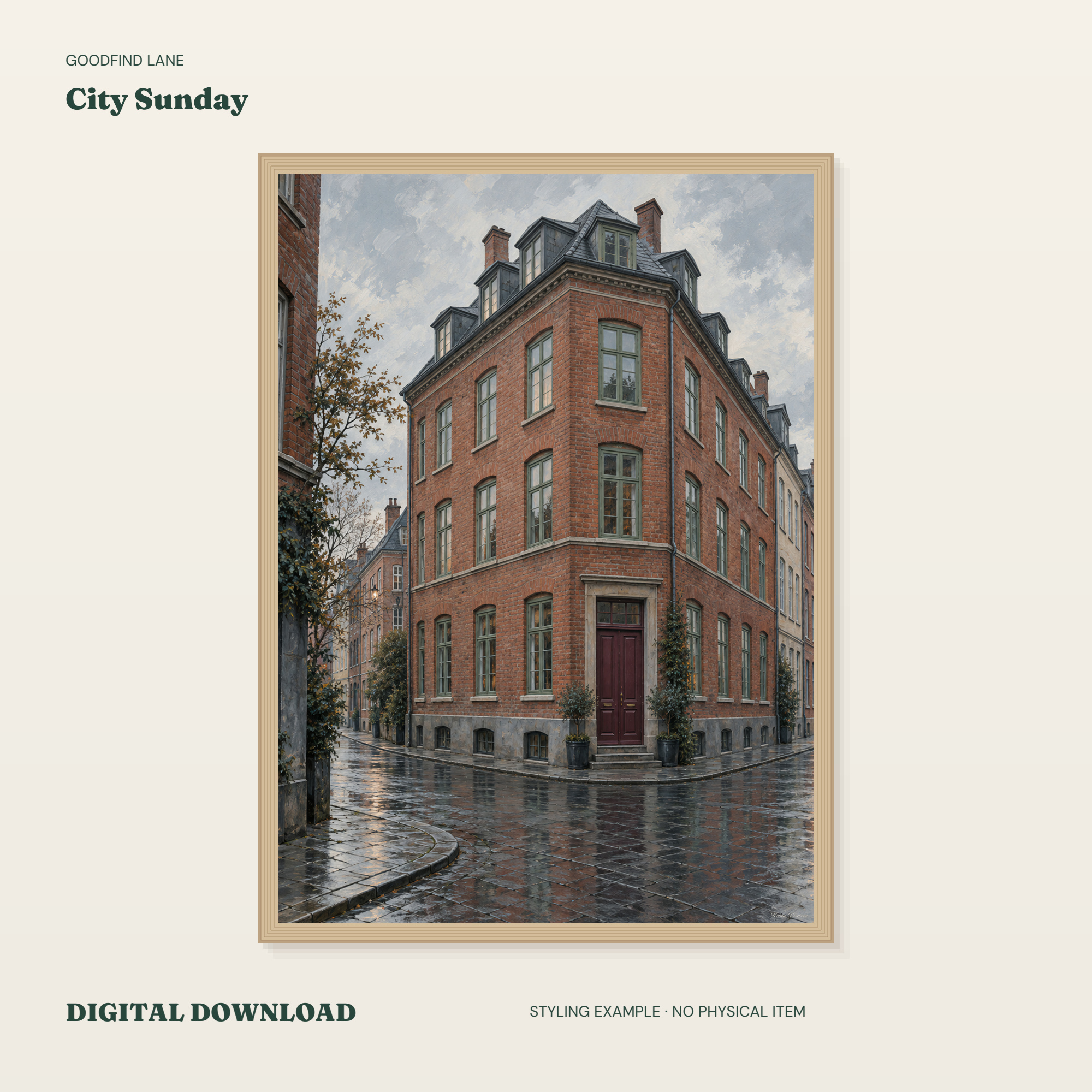 City Sunday — borderless 50 × 70 cm digital styling example; frame not included