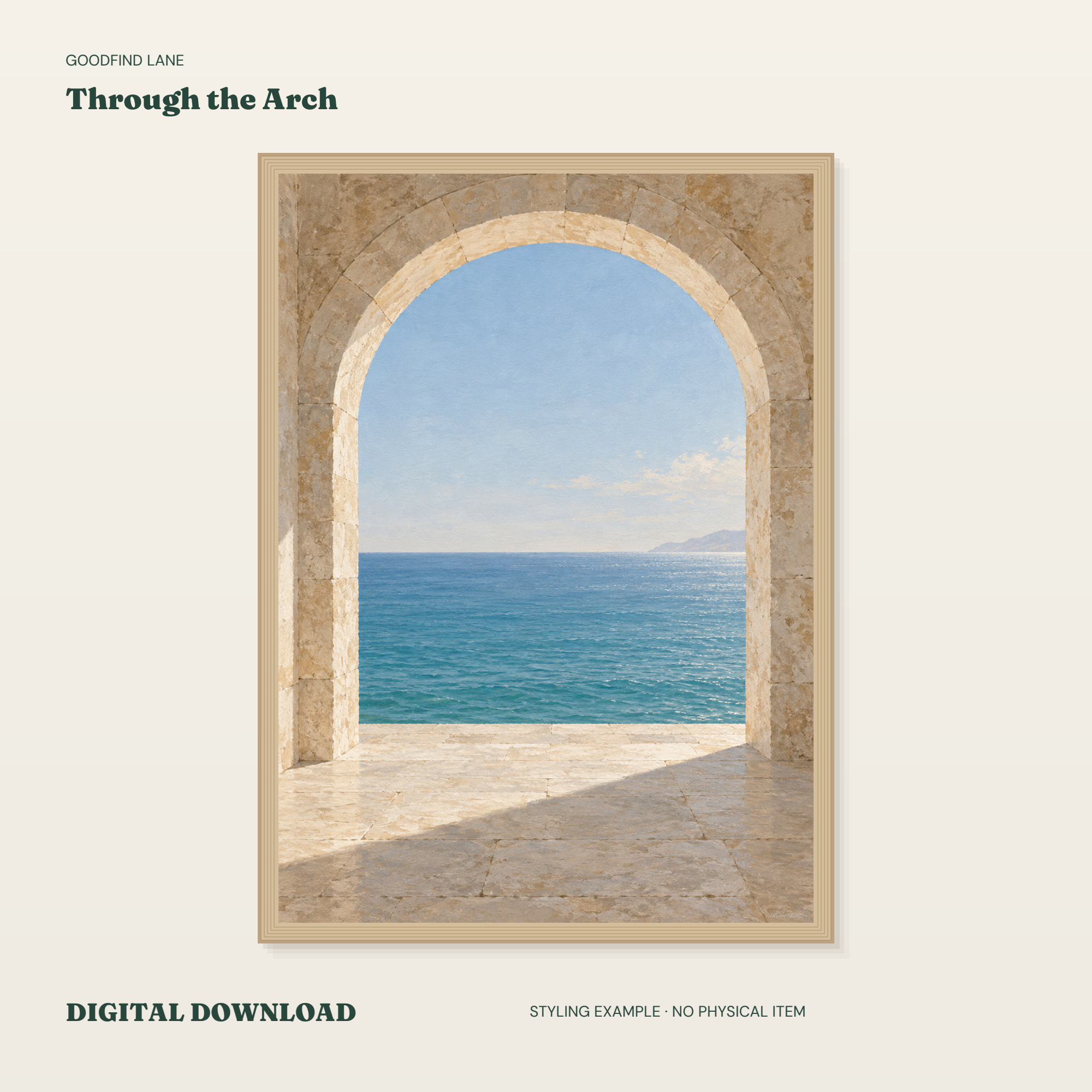 Through the Arch — borderless 50 × 70 cm digital styling example; frame not included
