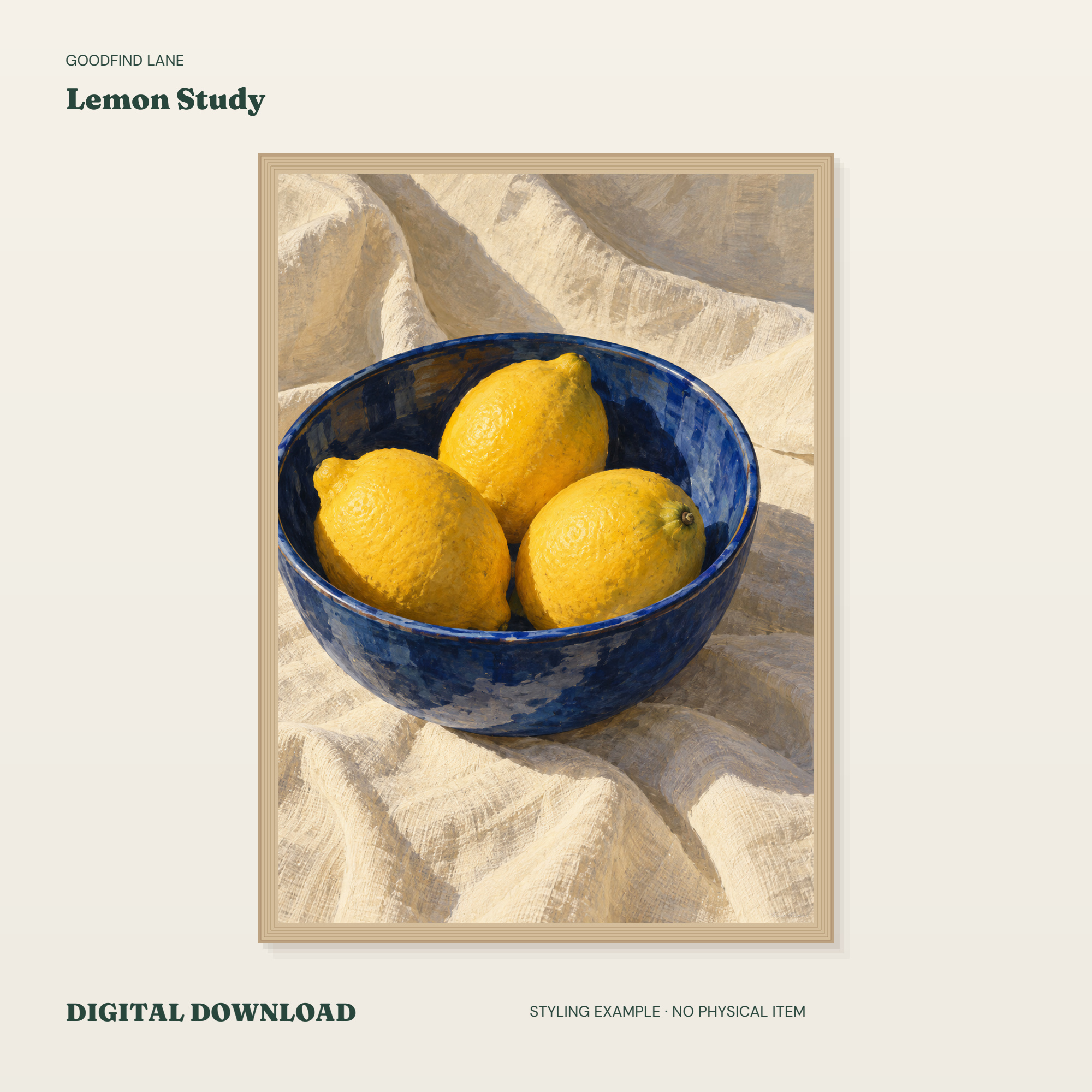 Lemon Study — borderless 50 × 70 cm digital styling example; frame not included
