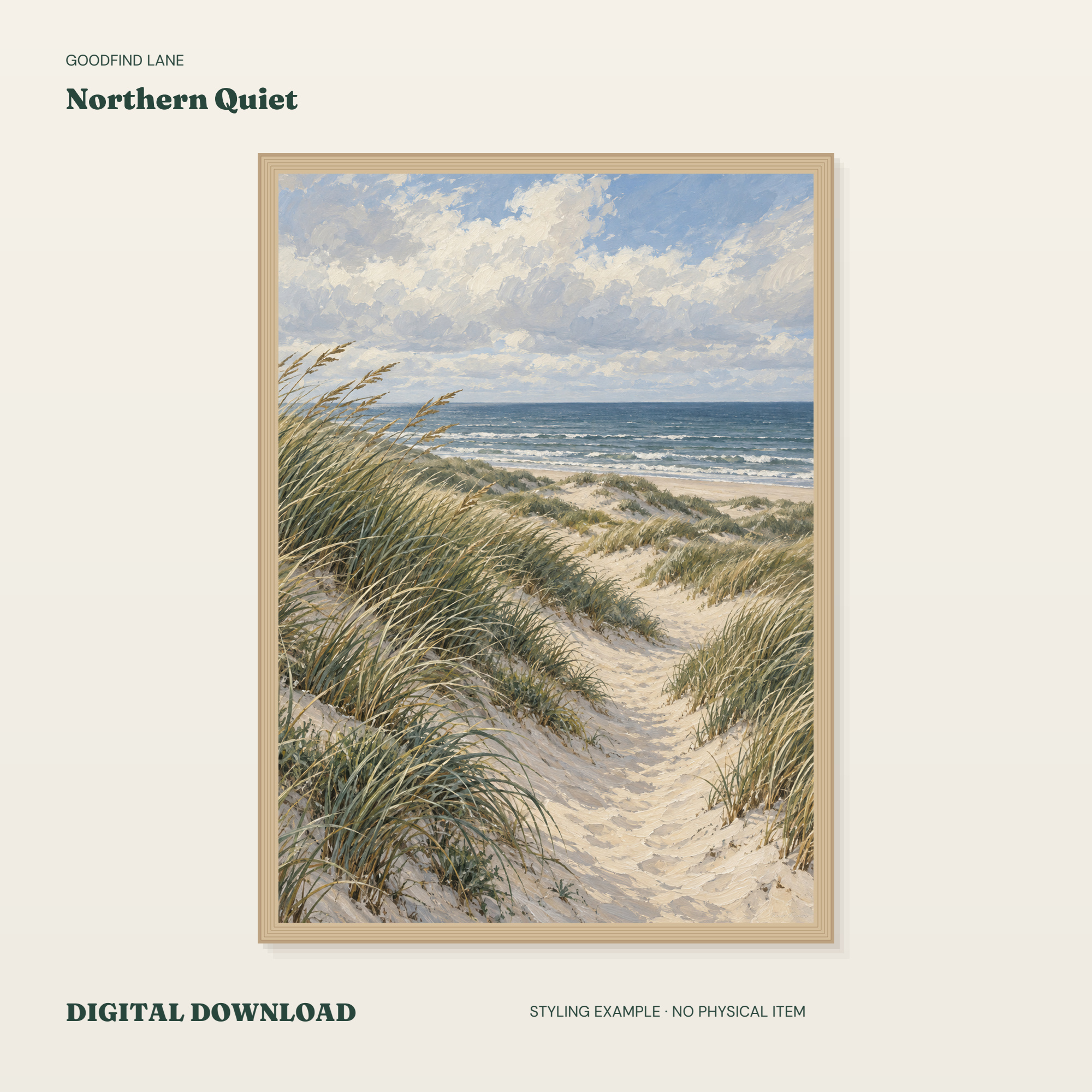 Northern Quiet — borderless 50 × 70 cm digital styling example; frame not included