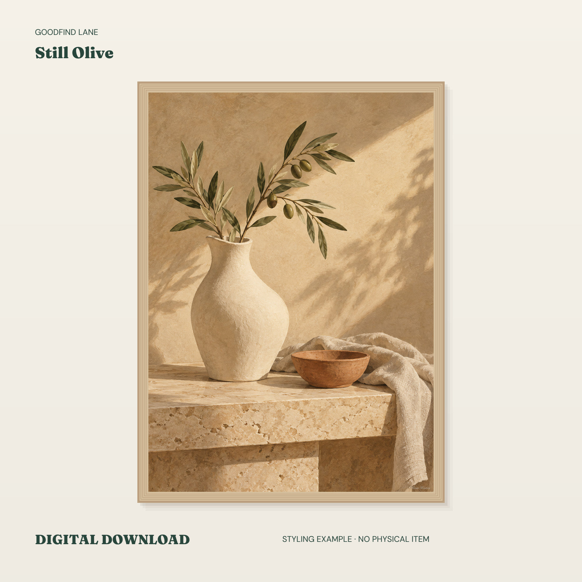 Still Olive — borderless 50 × 70 cm digital styling example; frame not included
