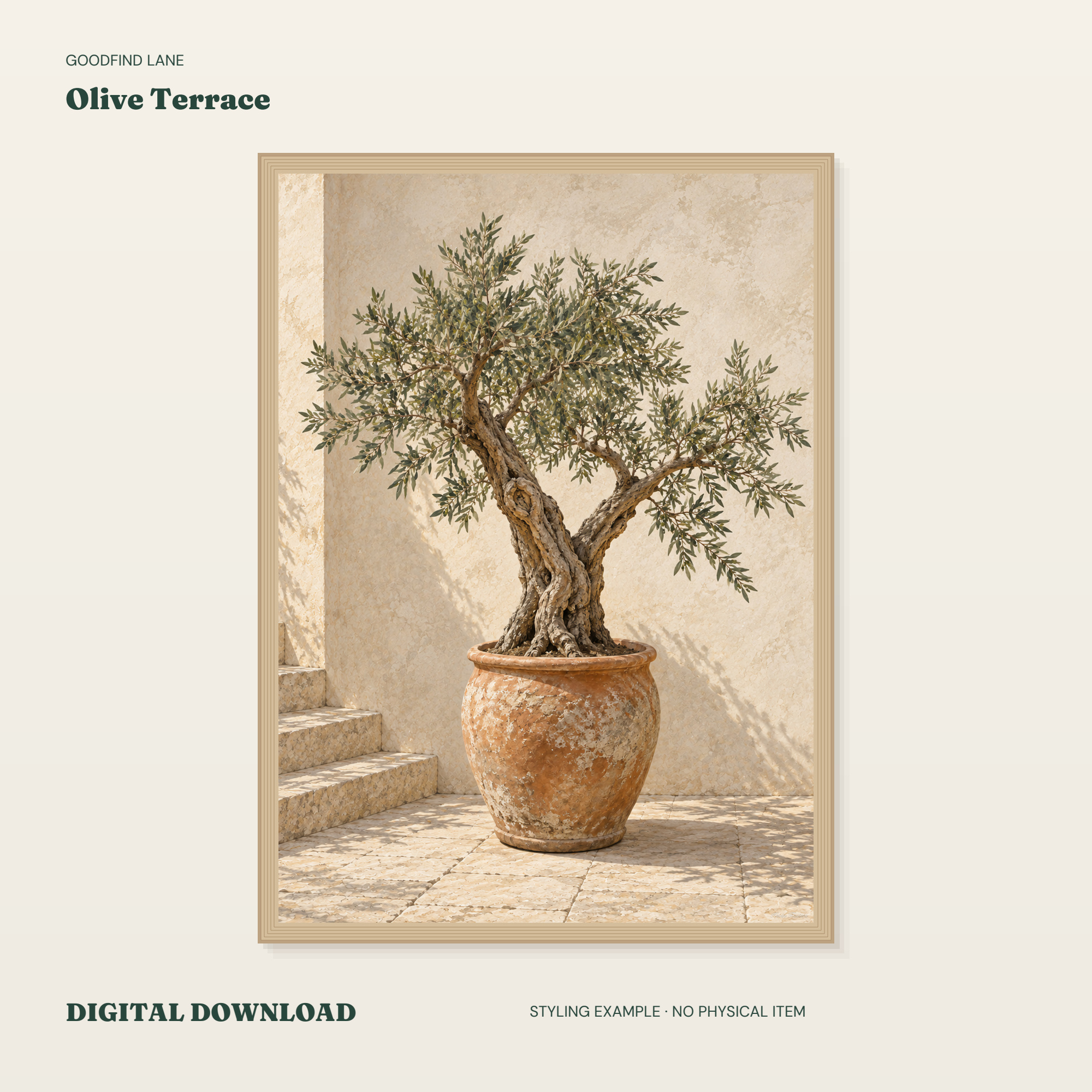 Olive Terrace — borderless 50 × 70 cm digital styling example; frame not included