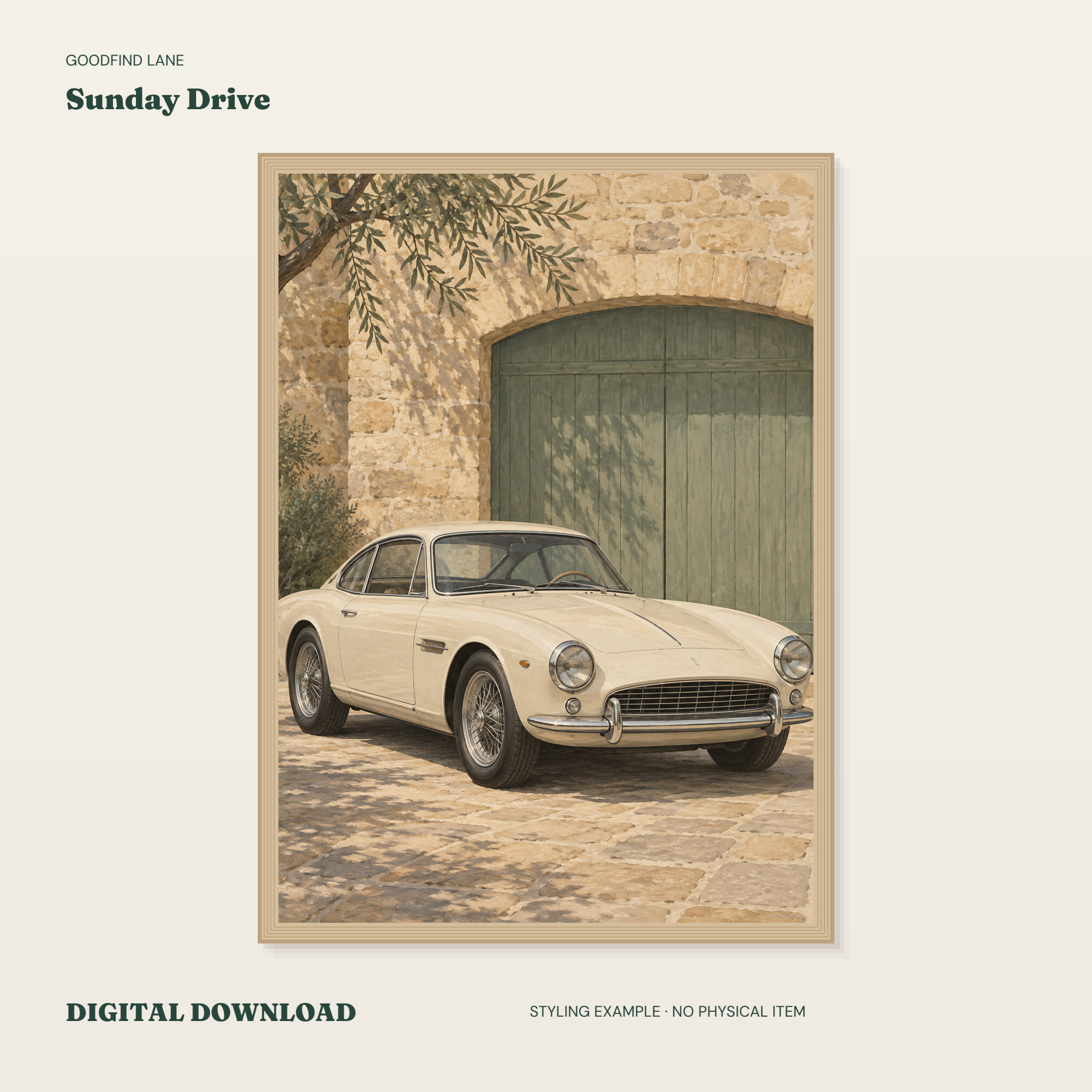 Sunday Drive — borderless 50 × 70 cm digital styling example; frame not included