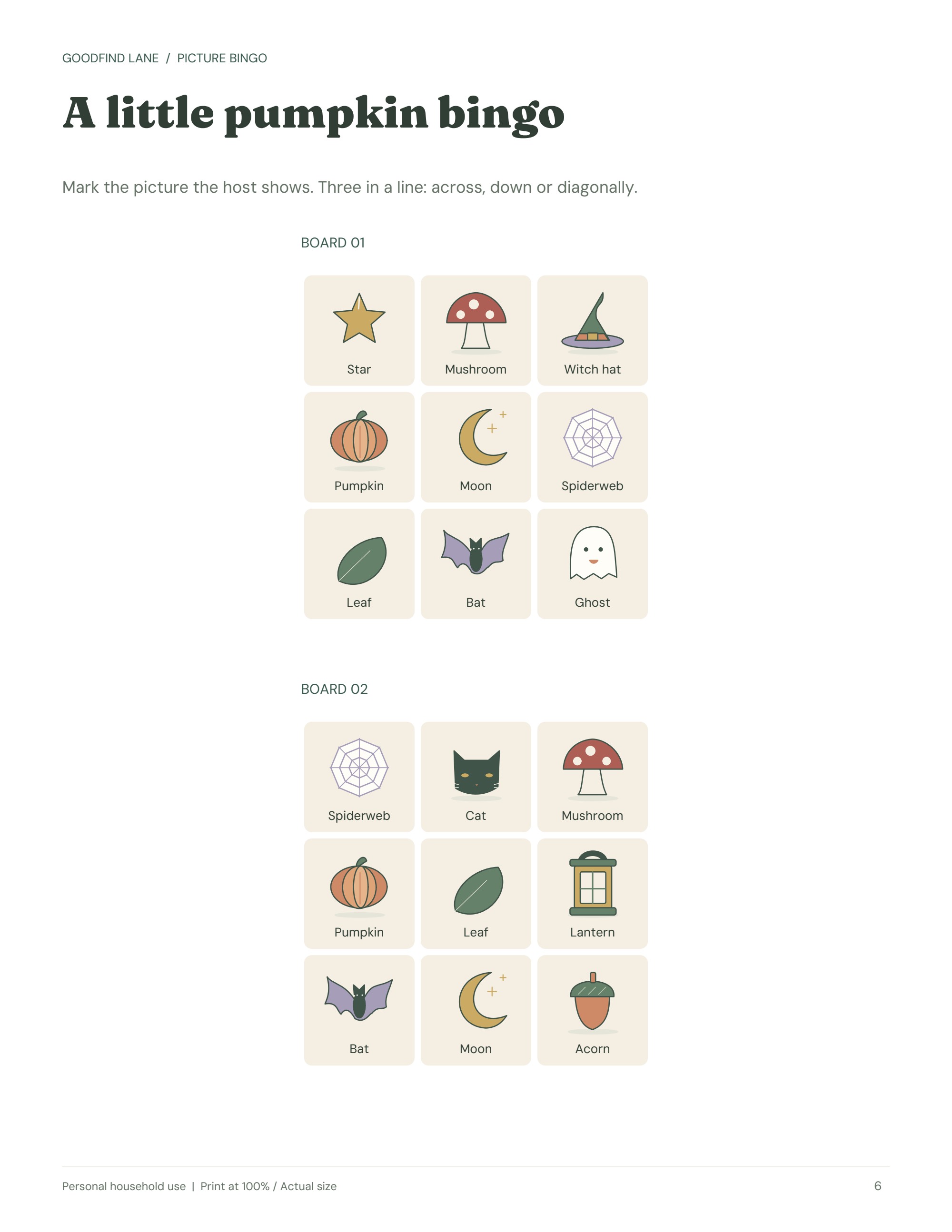 Two sample Halloween picture bingo boards