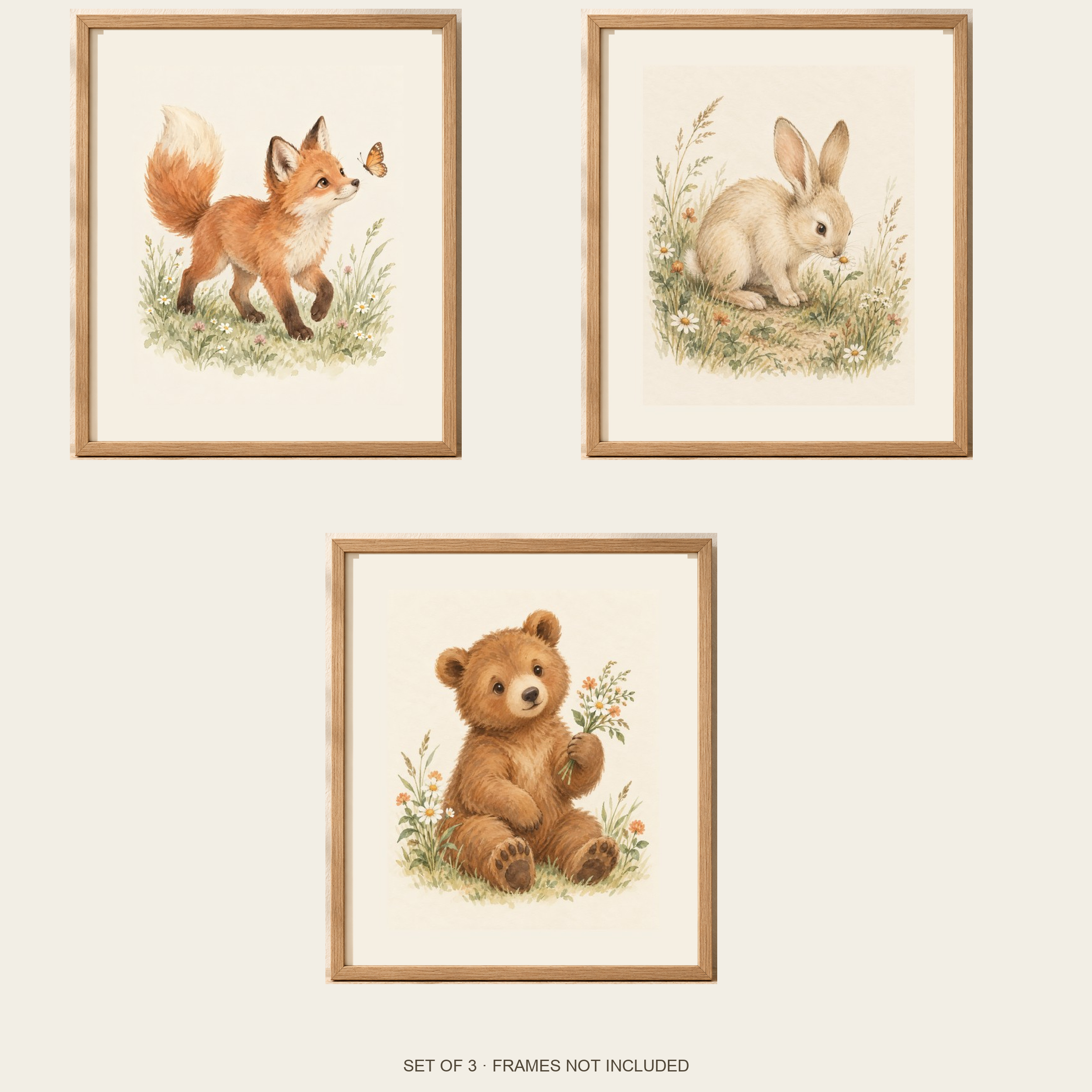 All three Woodland Friends prints in square framed styling views; frames not included