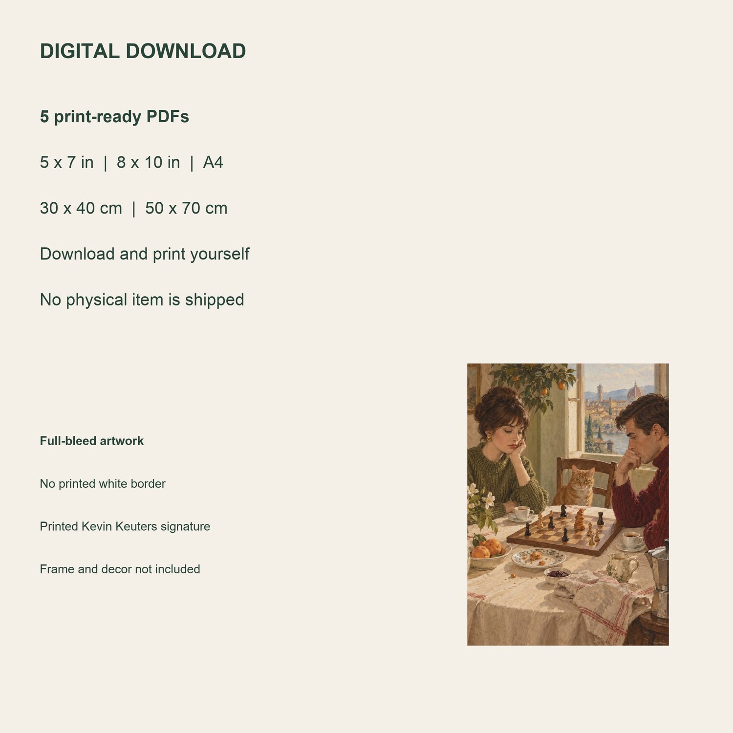 Breakfast Chess — five included PDF sizes, from 5 × 7 inches to 50 × 70 cm