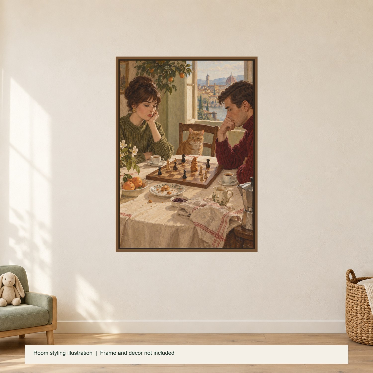 Breakfast Chess — illustrative room styling; frame not included