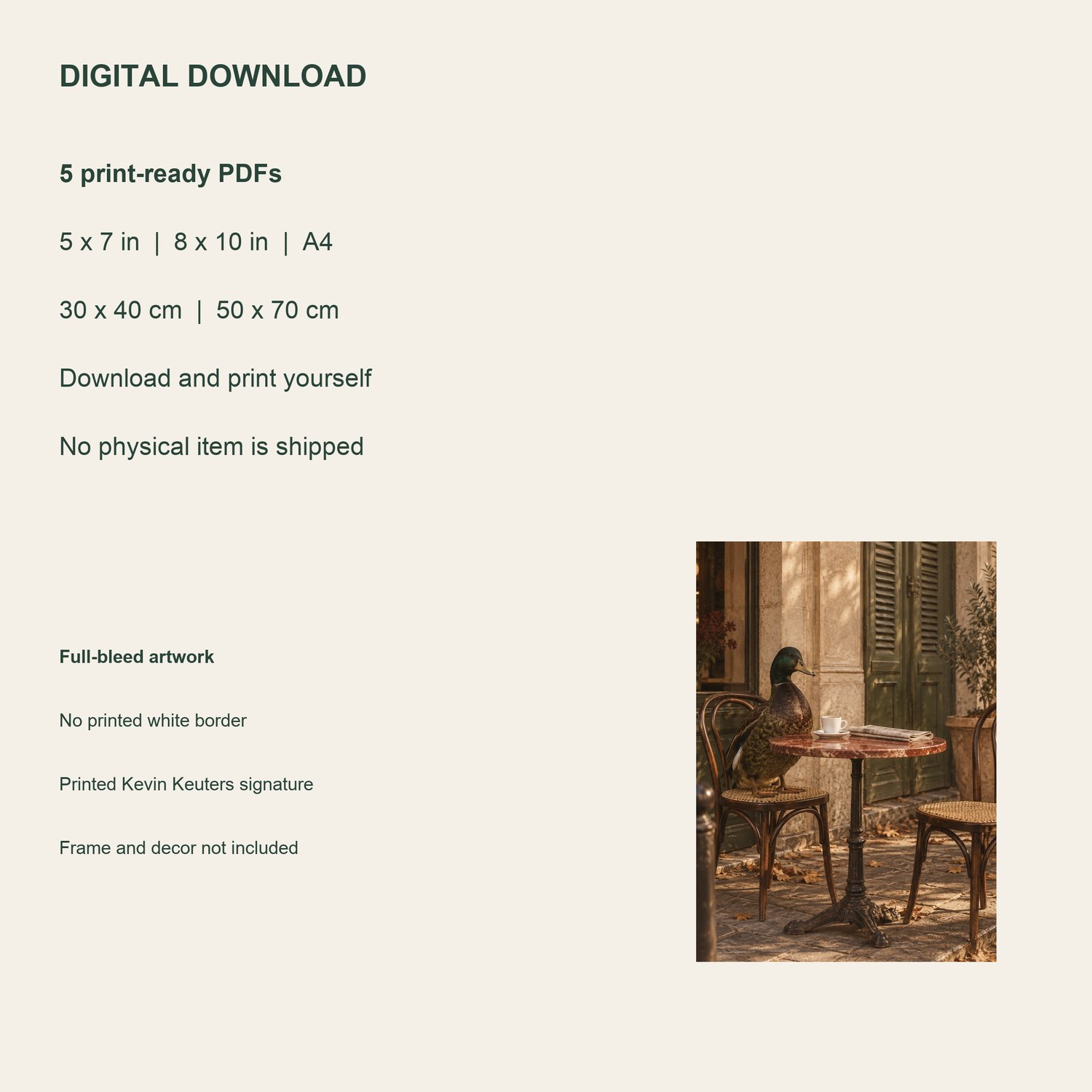 Cafe Duck — five included PDF sizes, from 5 × 7 inches to 50 × 70 cm