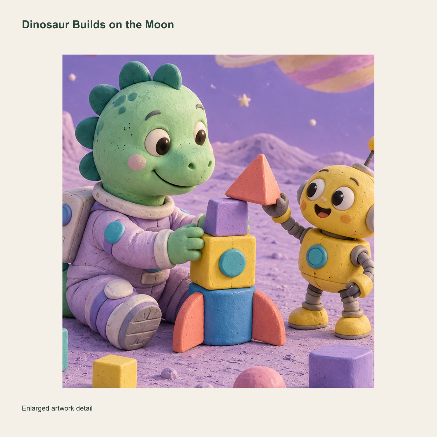 Dinosaur Builds on the Moon — artwork detail and printed signature