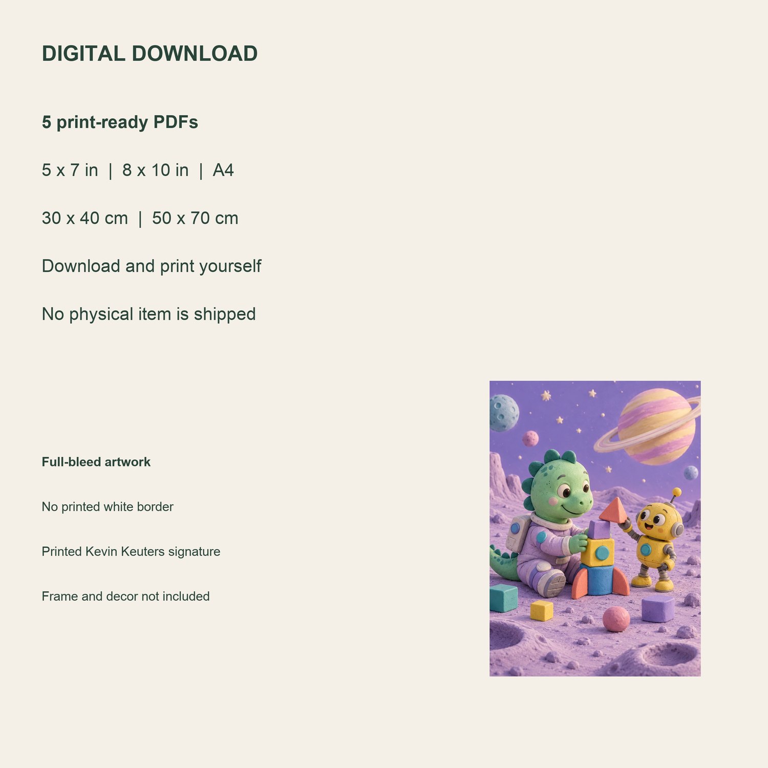 Dinosaur Builds on the Moon — five included PDF sizes, from 5 × 7 inches to 50 × 70 cm