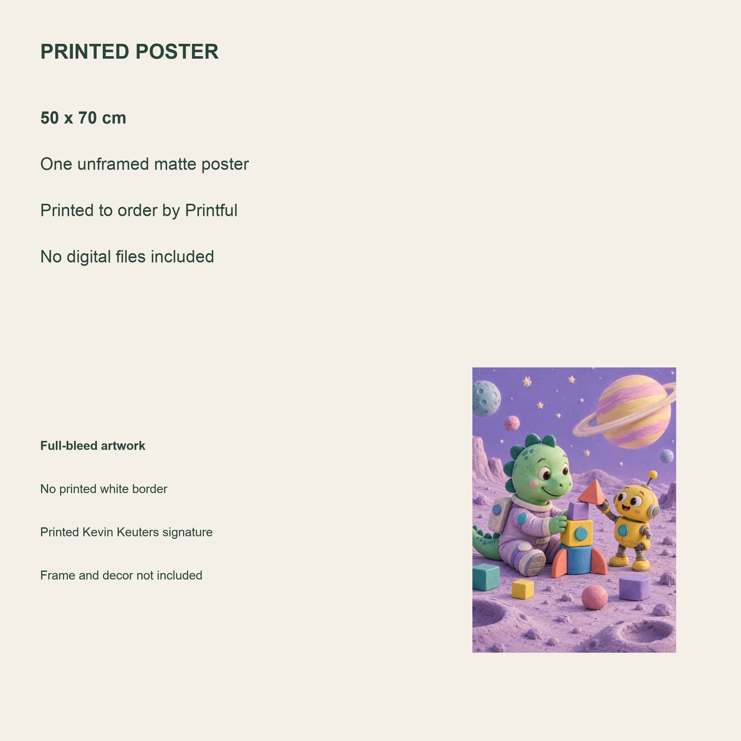 Dinosaur Builds on the Moon — printed poster details, 50 × 70 cm, unframed