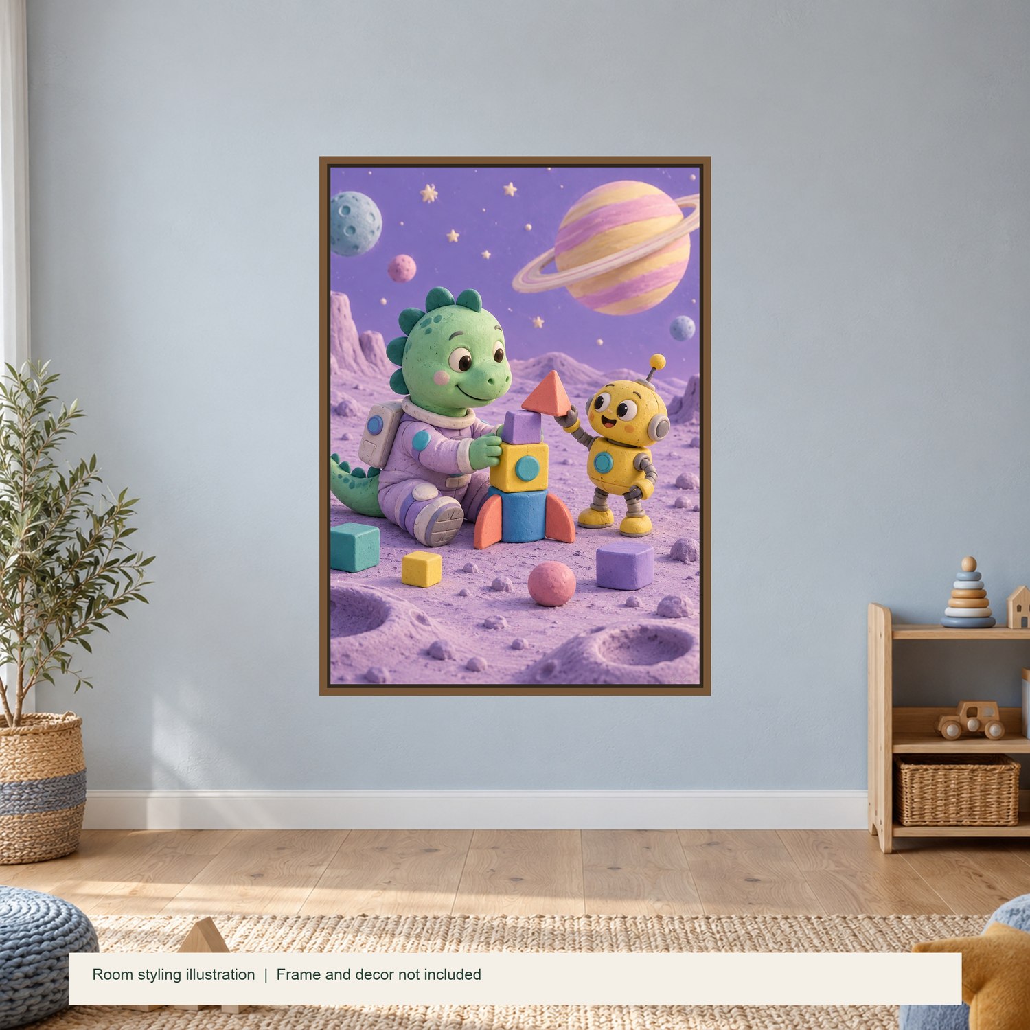 Dinosaur Builds on the Moon — illustrative room styling; frame not included