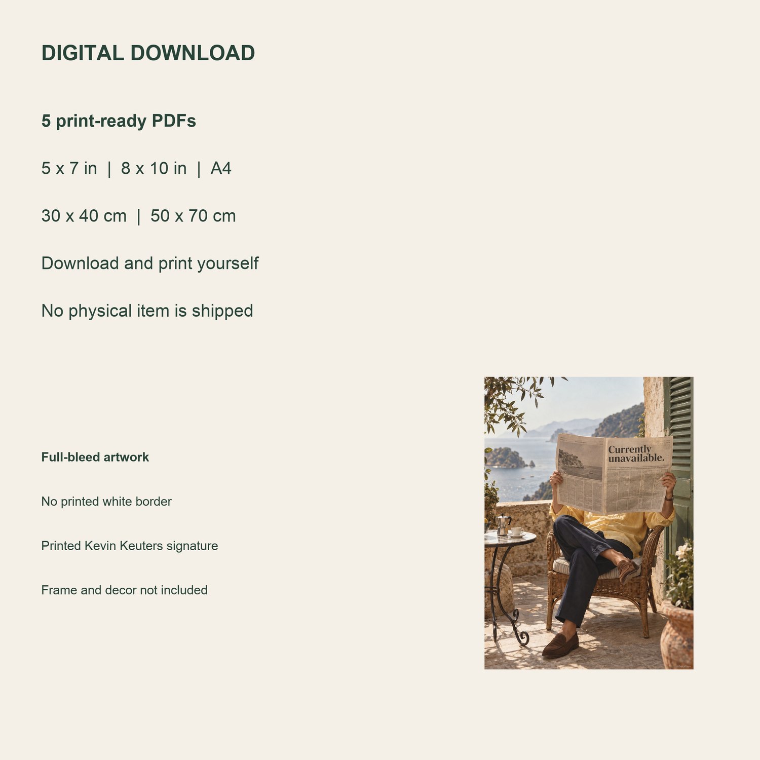 Currently Unavailable — five included PDF sizes, from 5 × 7 inches to 50 × 70 cm