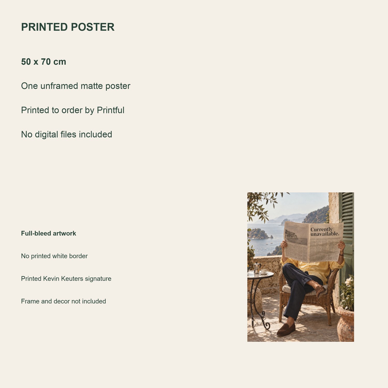 Currently Unavailable — printed poster details, 50 × 70 cm, unframed