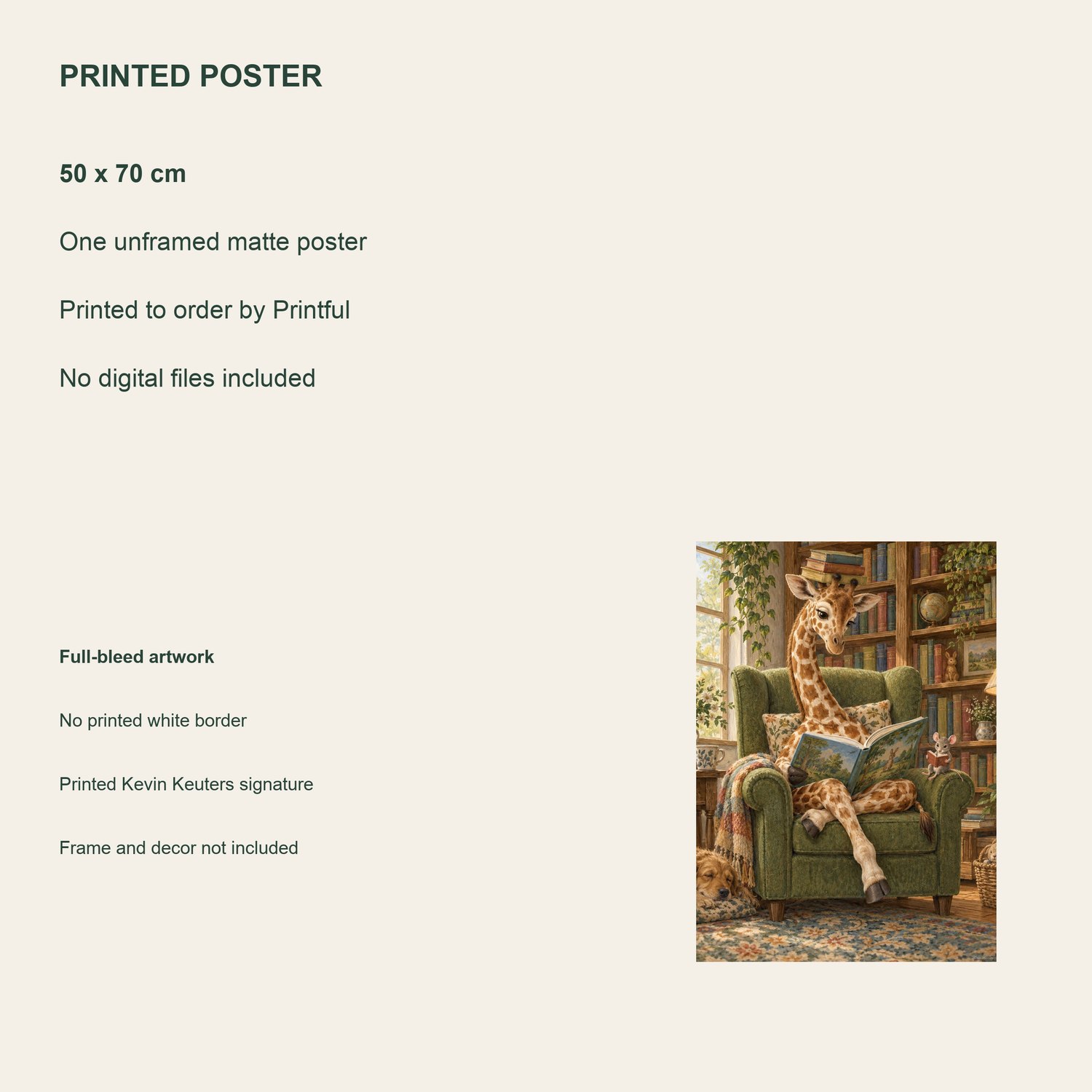 Library Giraffe — printed poster details, 50 × 70 cm, unframed