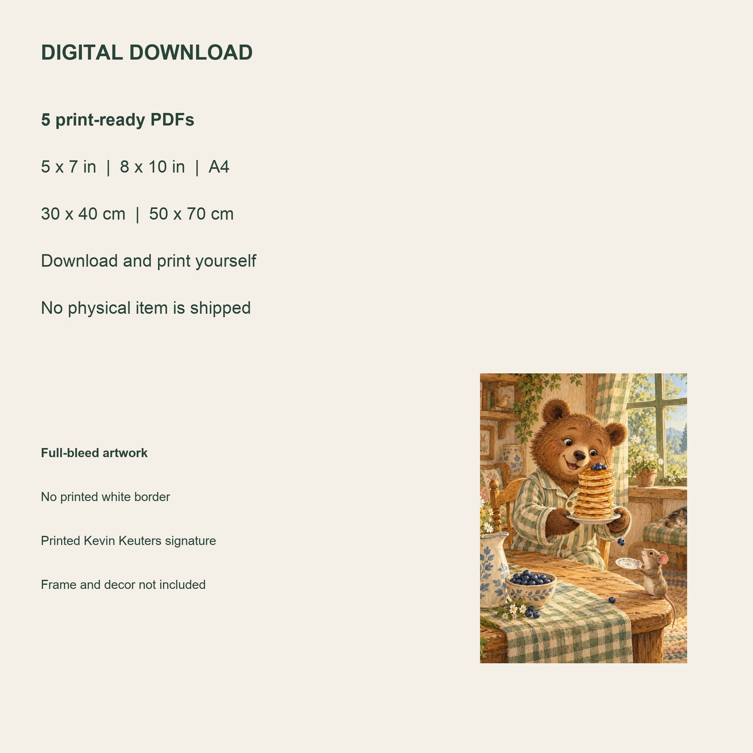 Pancake Bear — five included PDF sizes, from 5 × 7 inches to 50 × 70 cm