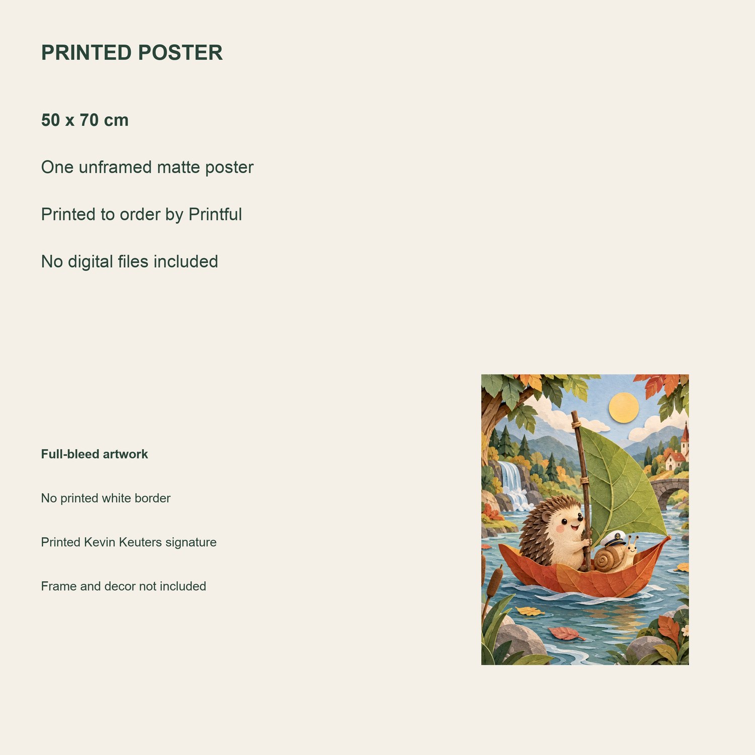 Hedgehog on an Adventure — printed poster details, 50 × 70 cm, unframed