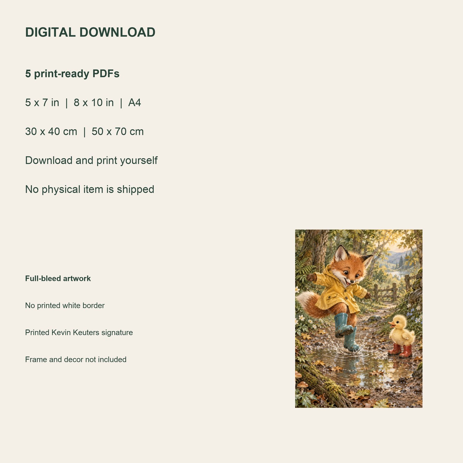 Puddle Fox — five included PDF sizes, from 5 × 7 inches to 50 × 70 cm