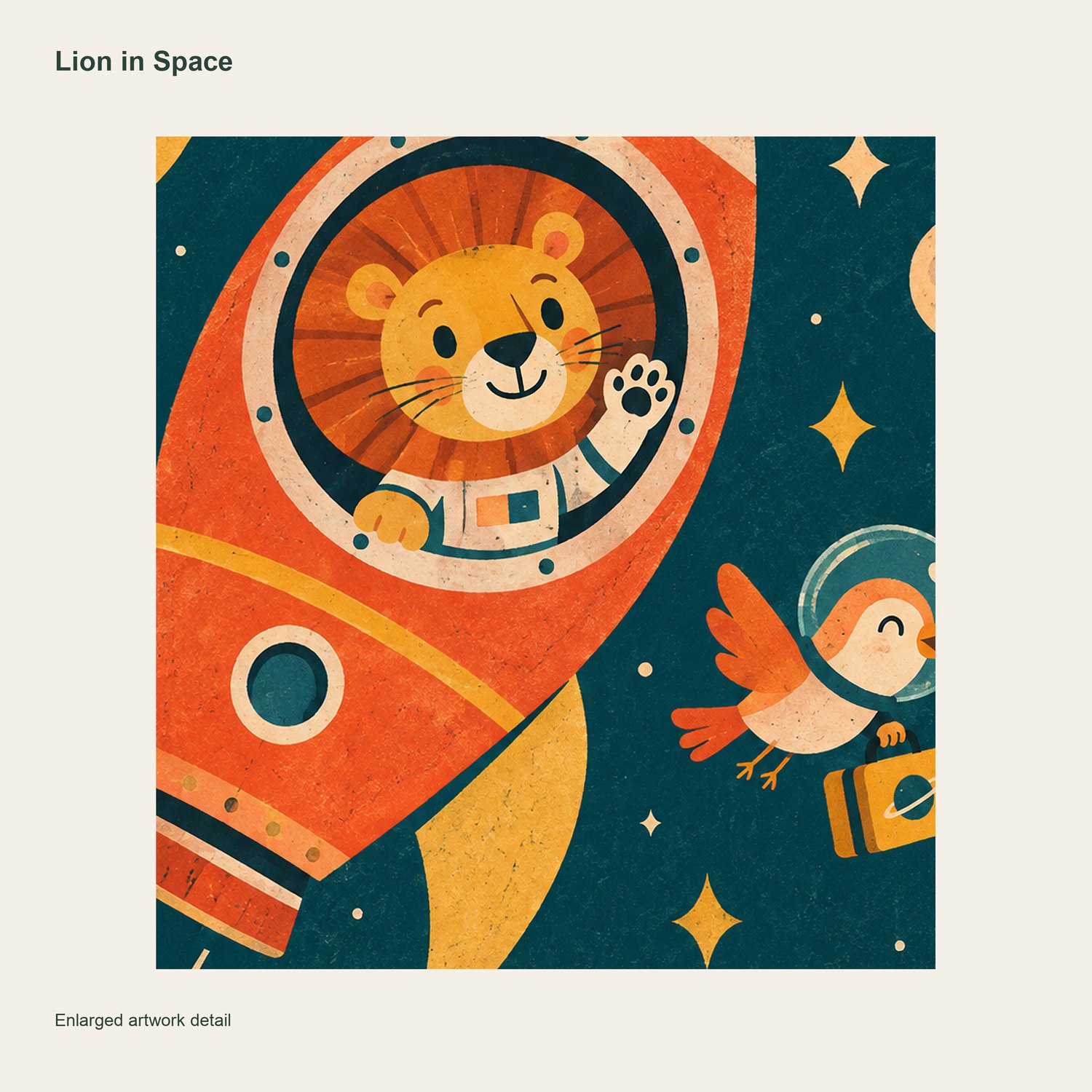Lion in Space — artwork detail and printed signature